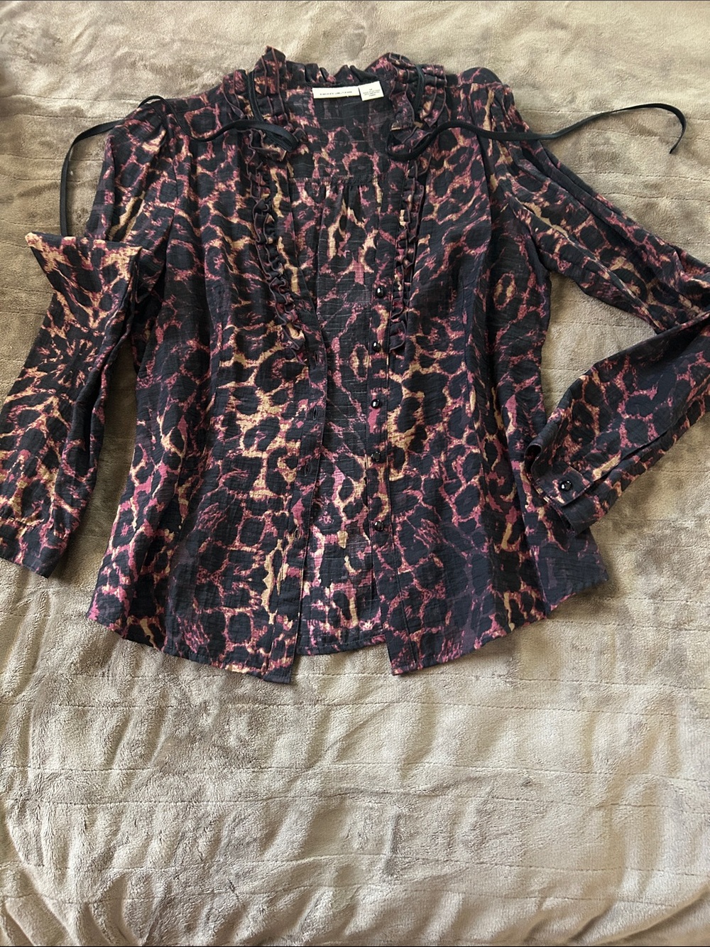 DKNY Black and Pink Leopard Print Ruffle Button-Down Blouse